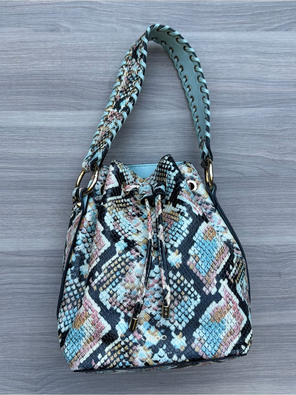 Aldo Multicolor Python Snake-Print Drawstring Bucket Bag